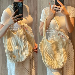Set Túi Tote + Mũ Cói Đi Biển Vành Rộng Viền Ren Phối Nơ Chụp Ảnh Phong Cách Hàn Quốc Siêu Xinh