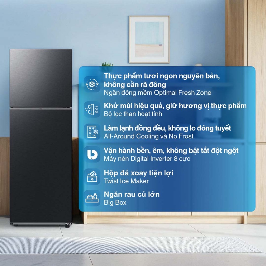 Tủ Lạnh Samsung Ngăn Đông Trên 305L RT31CG5424B1SV - Ngăn Đông Mềm 4 Chế Độ Optimal Fresh+, màu Đen