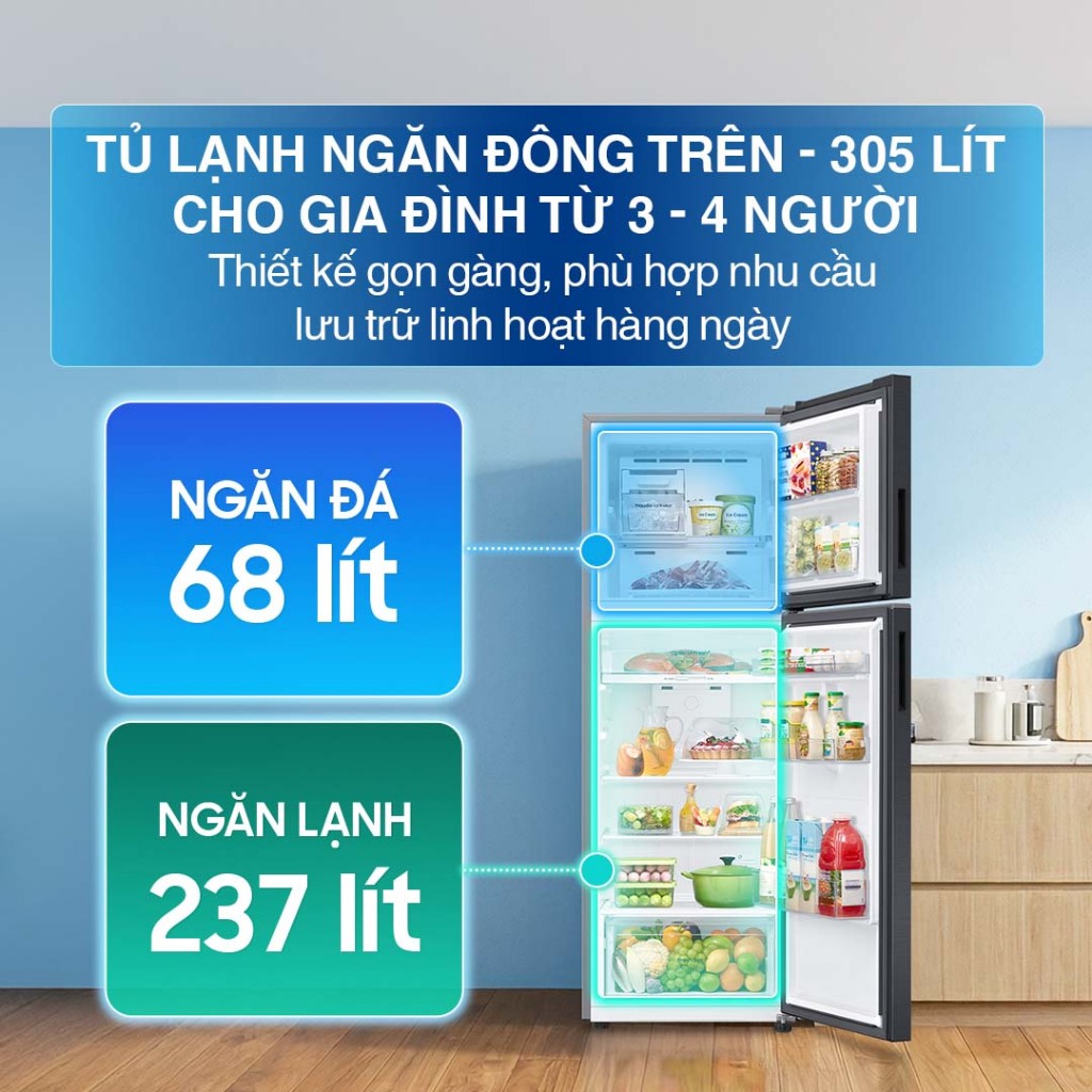 Tủ Lạnh Samsung Ngăn Đông Trên 305L RT31CG5424B1SV - Ngăn Đông Mềm 4 Chế Độ Optimal Fresh+, màu Đen