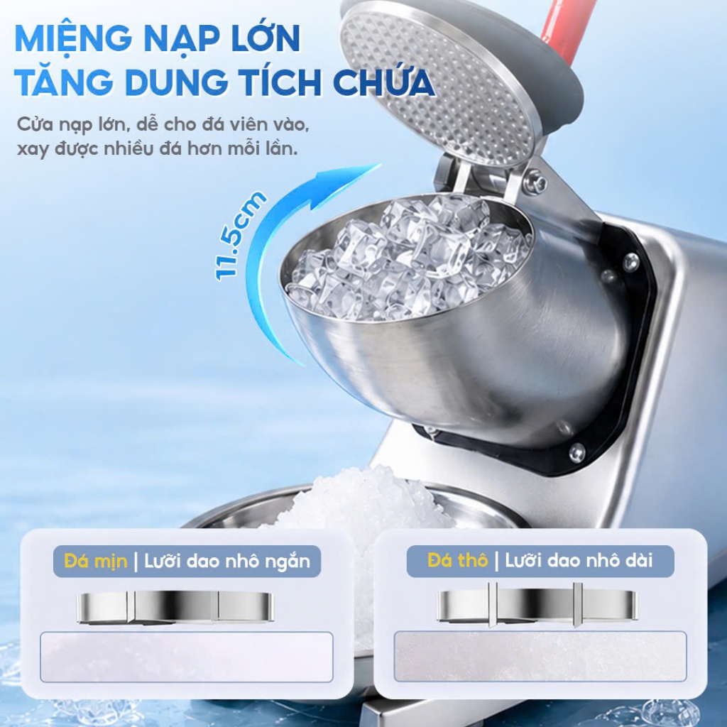 [4 LƯỠI XAY] Máy Bào Đá Venko VI500 4 lưỡi - Máy bào đá bản nâng cấp - Xay Đá 2 Nắp Làm Sinh Tố, Siro Nhanh, Mịn Hơn