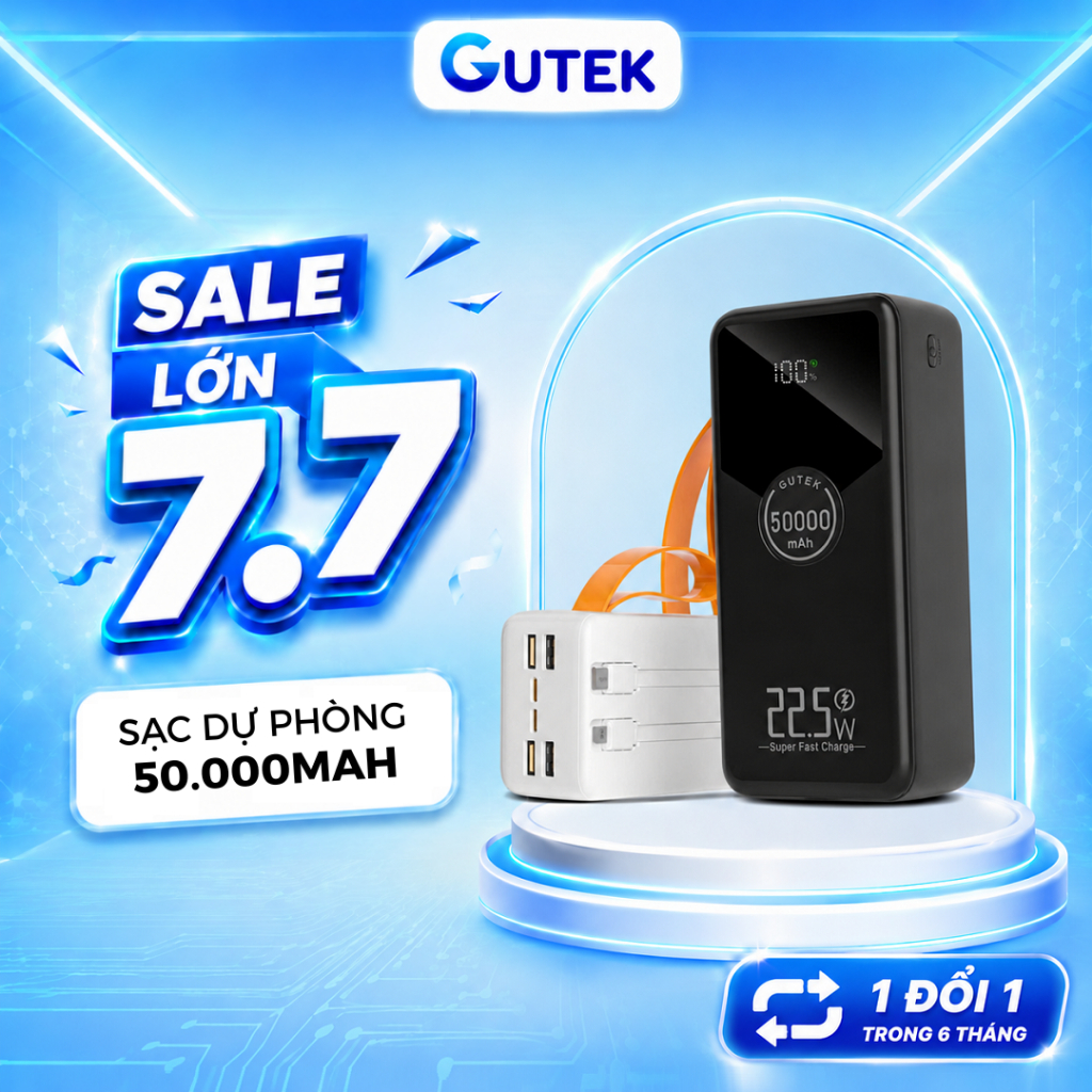 Sạc dự phòng 50000mAh sạc nhanh 22,5w dung lượng pin lớn có dây cắm nhiều điện thoại - Gutek GT230