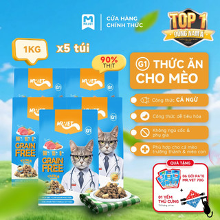 Thức Ăn Cho Mèo MRVET Dạng Hạt G1 Combo 5 Gói 1Kg Không Chứa Ngũ Cốc Cải Thiện Tiêu Hoá Mix Topping
