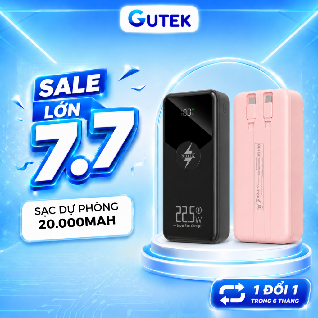 Sạc dự phòng 20000mAh Gutek GT229 sạc nhanh 22,5W pin dung lượng lớn tích hợp dây cáp cho điện thoại