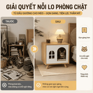 Tủ đầu giường đa năng, ngăn ngủ cho mèo chó nhỏ, màu sồi 40/60x40x50cm NIDO