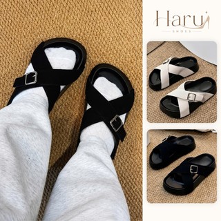 Dép lê nữ, dép sandal 2 quai chéo bản to đính khuy khóa, đế bánh mì cao 3cm da lộn đi học đi làm Haru Shoes M2