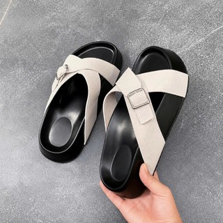 Dép lê nữ, dép sandal 2 quai chéo bản to đính khuy khóa, đế bánh mì cao 3cm da lộn đi học đi làm Haru Shoes M2