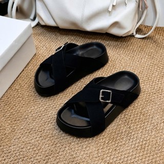Dép lê nữ, dép sandal 2 quai chéo bản to đính khuy khóa, đế bánh mì cao 3cm da lộn đi học đi làm Haru Shoes M2