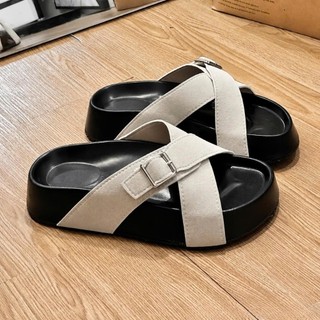Dép lê nữ, dép sandal 2 quai chéo bản to đính khuy khóa, đế bánh mì cao 3cm da lộn đi học đi làm Haru Shoes M2
