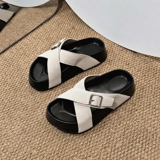 Dép lê nữ, dép sandal 2 quai chéo bản to đính khuy khóa, đế bánh mì cao 3cm da lộn đi học đi làm Haru Shoes M2