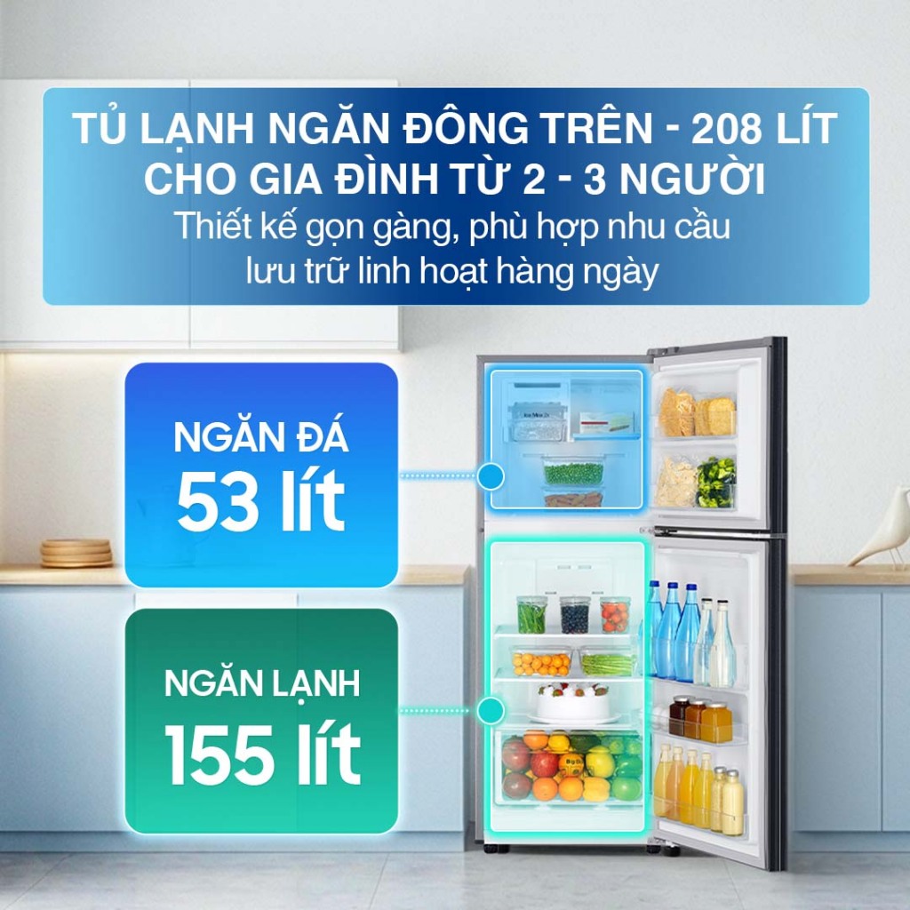 Tủ Lạnh Samsung Ngăn Đông Trên 216L RT20HAR8DBU/SV - Hệ Thống Làm Lạnh Vòm Đa Chiều, màu Đen