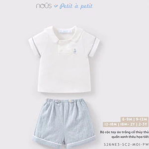Bộ cộc tay áo trắng cổ thuỷ thủ quần xanh thêu hoạ tiết cho bé trai size từ 6M-3Y