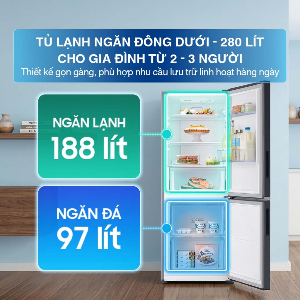 Tủ Lạnh Samsung Ngăn Đông Dưới 285L RB27N4020B1/SV - Ngăn Đông Mềm Optimal Fresh Zone, màu Đen