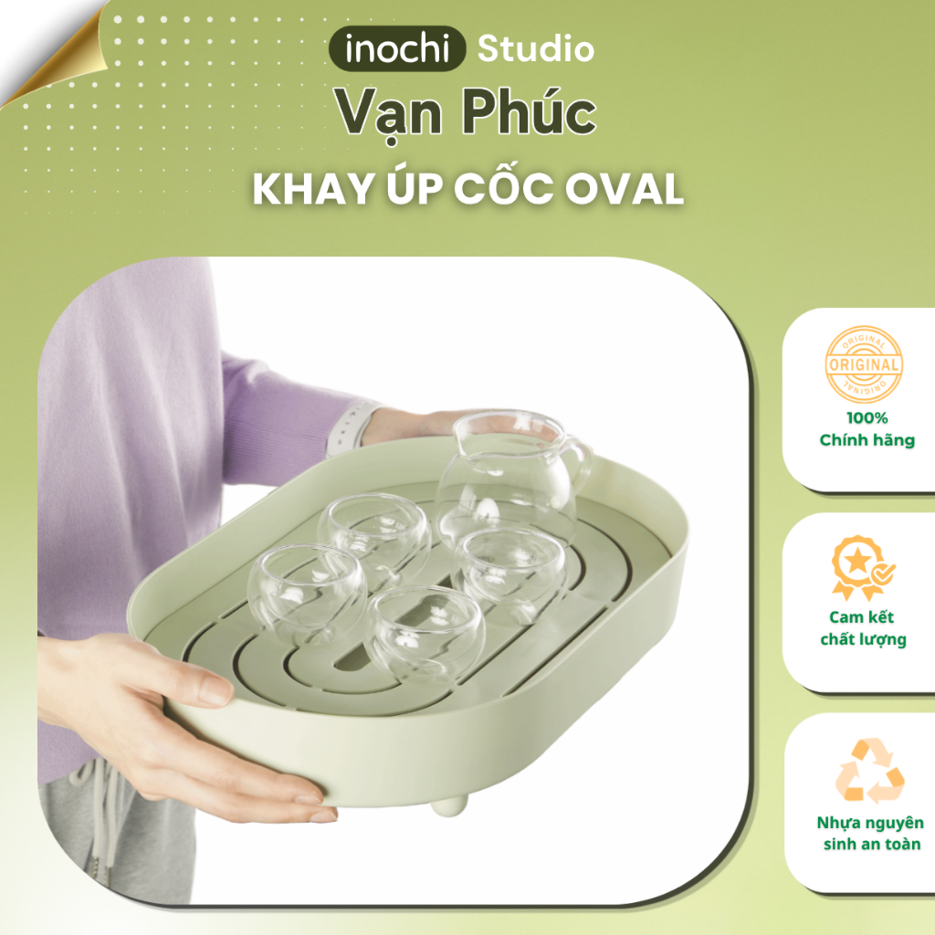 Khay úp ly cốc chén oval Inochi, khay để bàn uống nước, nhựa nguyên sinh an toàn