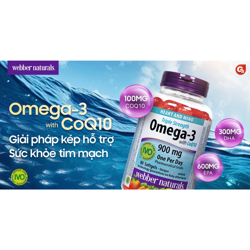 Viên uống Webber Naturals Triple Strength Omega-3 with CoQ10 (900mg) hỗ trợ huyết áp, tim mạch và sức khỏe tổng thể