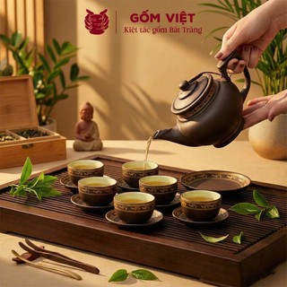 Bộ ấm chén tử sa đất nung dáng liên hoa vẽ vàng, đắp nổi màu đen dung tích 450ml - Gốm sứ Bát Tràng - Gốm Việt