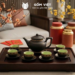 Bộ ấm chén tử sa đất nung dáng liên hoa vẽ vàng, đắp nổi màu đen dung tích 450ml - Gốm sứ Bát Tràng - Gốm Việt