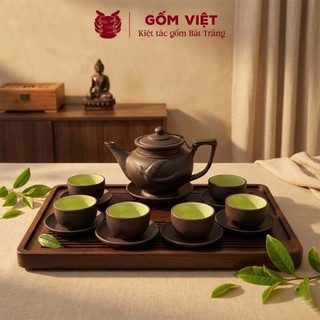 Bộ ấm chén tử sa đất nung dáng liên hoa vẽ vàng, đắp nổi màu đen dung tích 450ml - Gốm sứ Bát Tràng - Gốm Việt