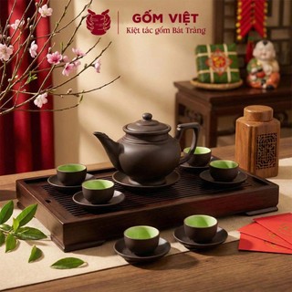 Bộ ấm chén tử sa đất nung dáng liên hoa vẽ vàng, đắp nổi màu đen dung tích 450ml - Gốm sứ Bát Tràng - Gốm Việt