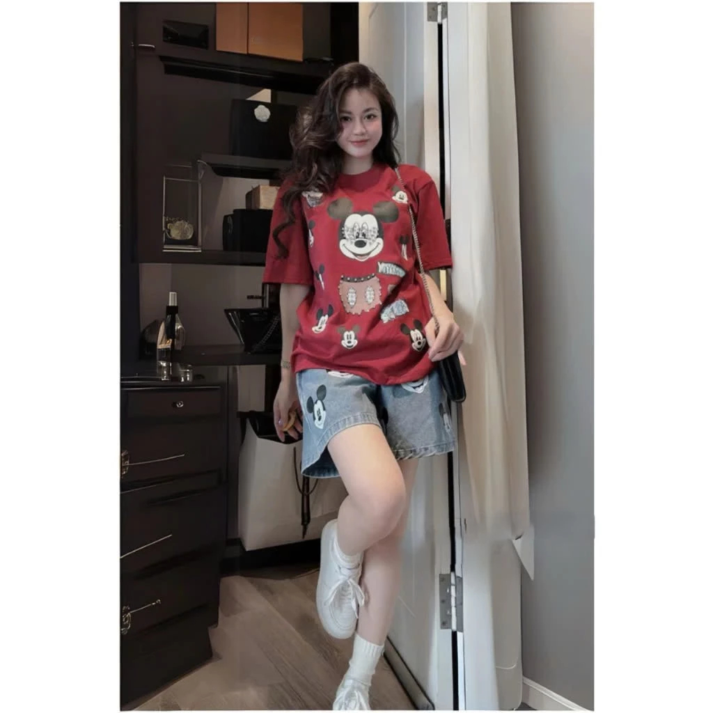 Bộ hè nữ áo thun mix quần ngắn in hình hoạt hình cute, set đồ nữ cao cấp mặc mùa hè thoáng mát năng động HCOM25275