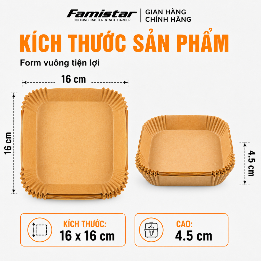 Combo 200 giấy lót nồi chiên ko dầu, giấy nến nồi chiên không dầu, giấy nến nướng bánh vuông GN100 Famistar