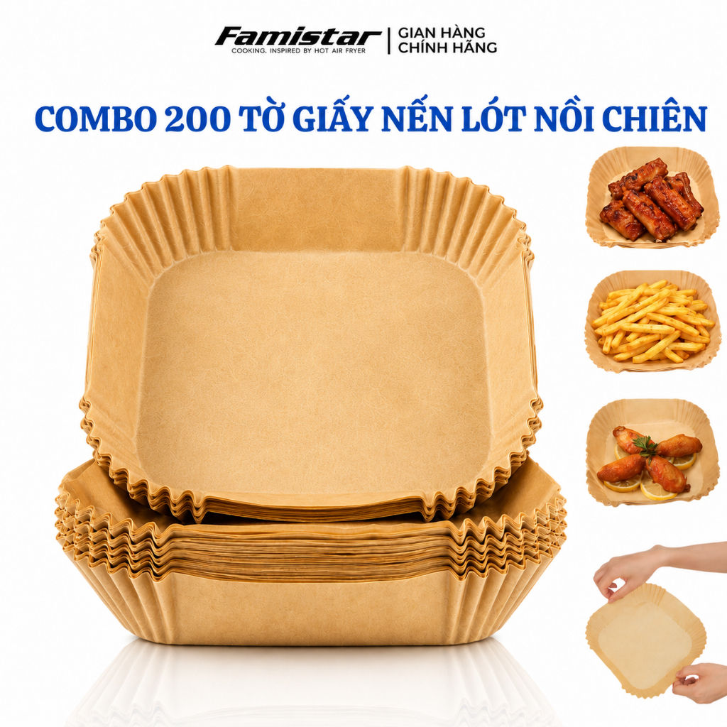 Combo 200 giấy lót nồi chiên ko dầu, giấy nến nồi chiên không dầu, giấy nến nướng bánh vuông GN100 Famistar