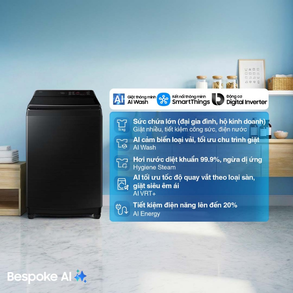 Máy Giặt Samsung Bespoke AI Cửa Trên 15 kg WA80F15B6BSV - AI Wash cảm biến bảo vệ vải, màu Đen