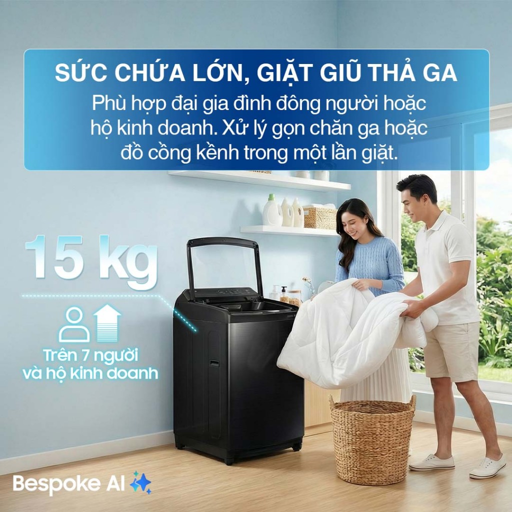 Máy Giặt Samsung Bespoke AI Cửa Trên 15 kg WA80F15B6BSV - AI Wash cảm biến bảo vệ vải, màu Đen