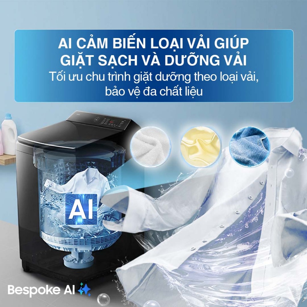 Máy Giặt Samsung Bespoke AI Cửa Trên 15 kg WA80F15B6BSV - AI Wash cảm biến bảo vệ vải, màu Đen