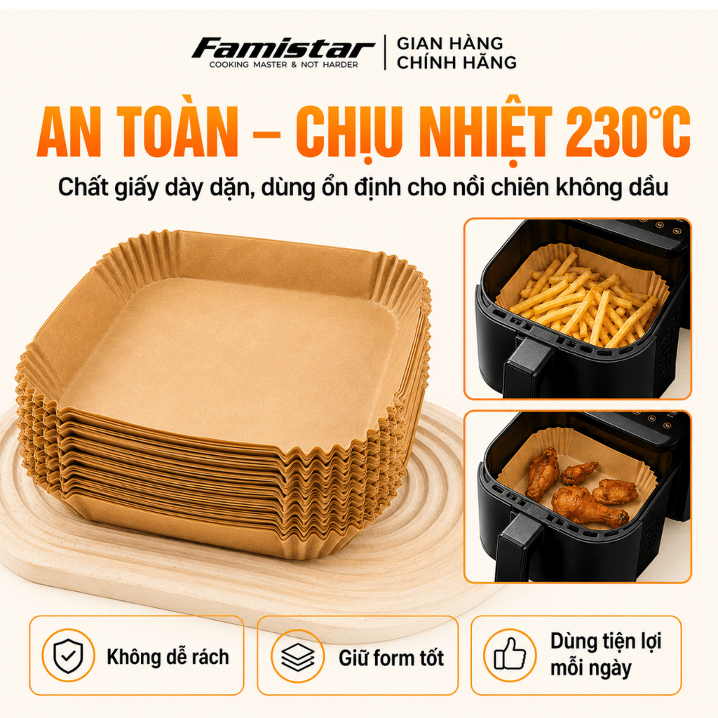 Combo 200 giấy lót nồi chiên ko dầu, giấy nến nồi chiên không dầu, giấy nến nướng bánh vuông GN100 Famistar