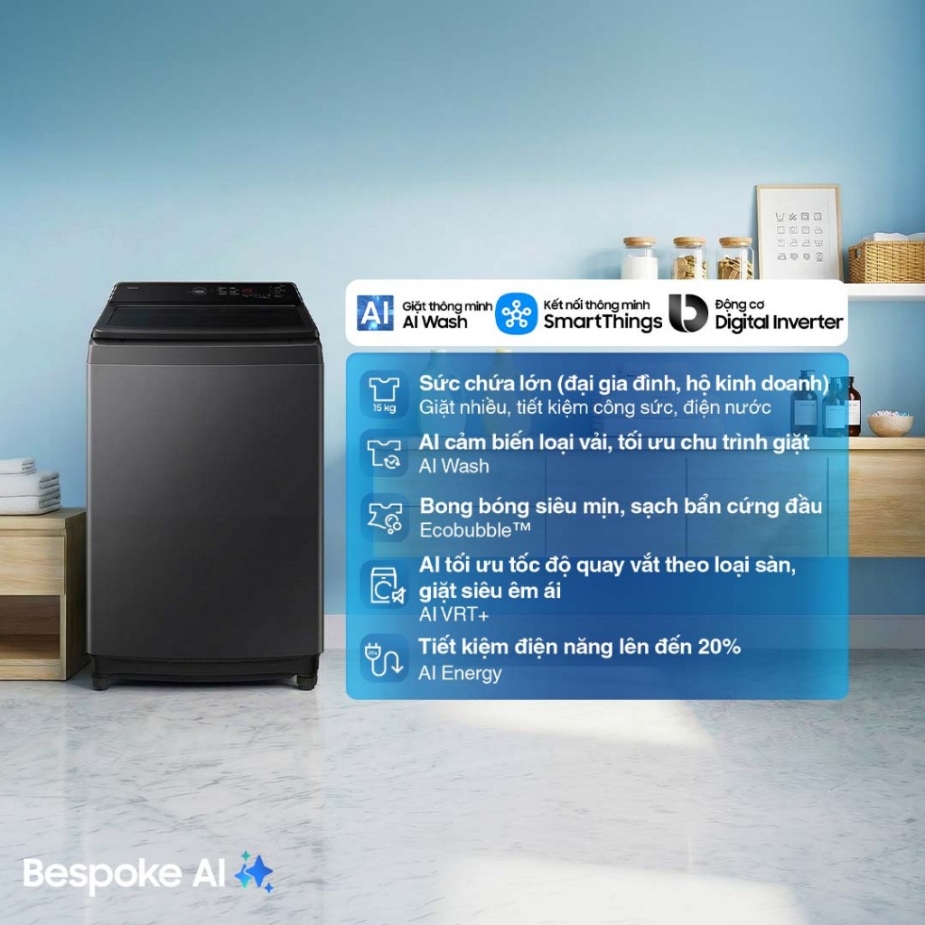 Máy Giặt Samsung Bespoke AI Cửa Trên 15 kg WA80F15S5CSV - AI Wash cảm biến bảo vệ vải, màu Xám