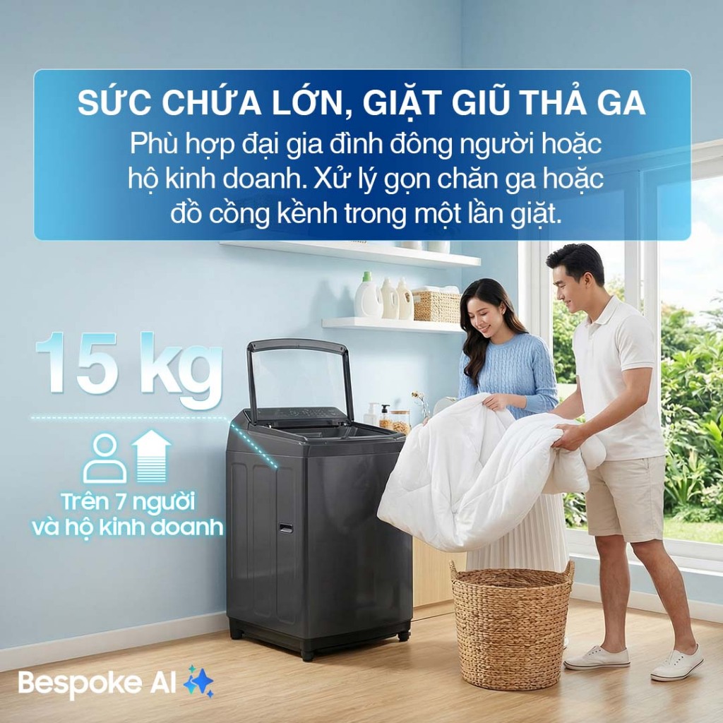Máy Giặt Samsung Bespoke AI Cửa Trên 15 kg WA80F15S5CSV - AI Wash cảm biến bảo vệ vải, màu Xám