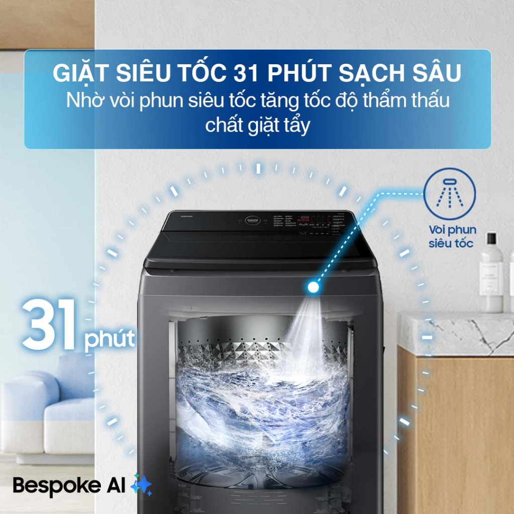 Máy Giặt Samsung Bespoke AI Cửa Trên 15 kg WA80F15S5CSV - AI Wash cảm biến bảo vệ vải, màu Xám