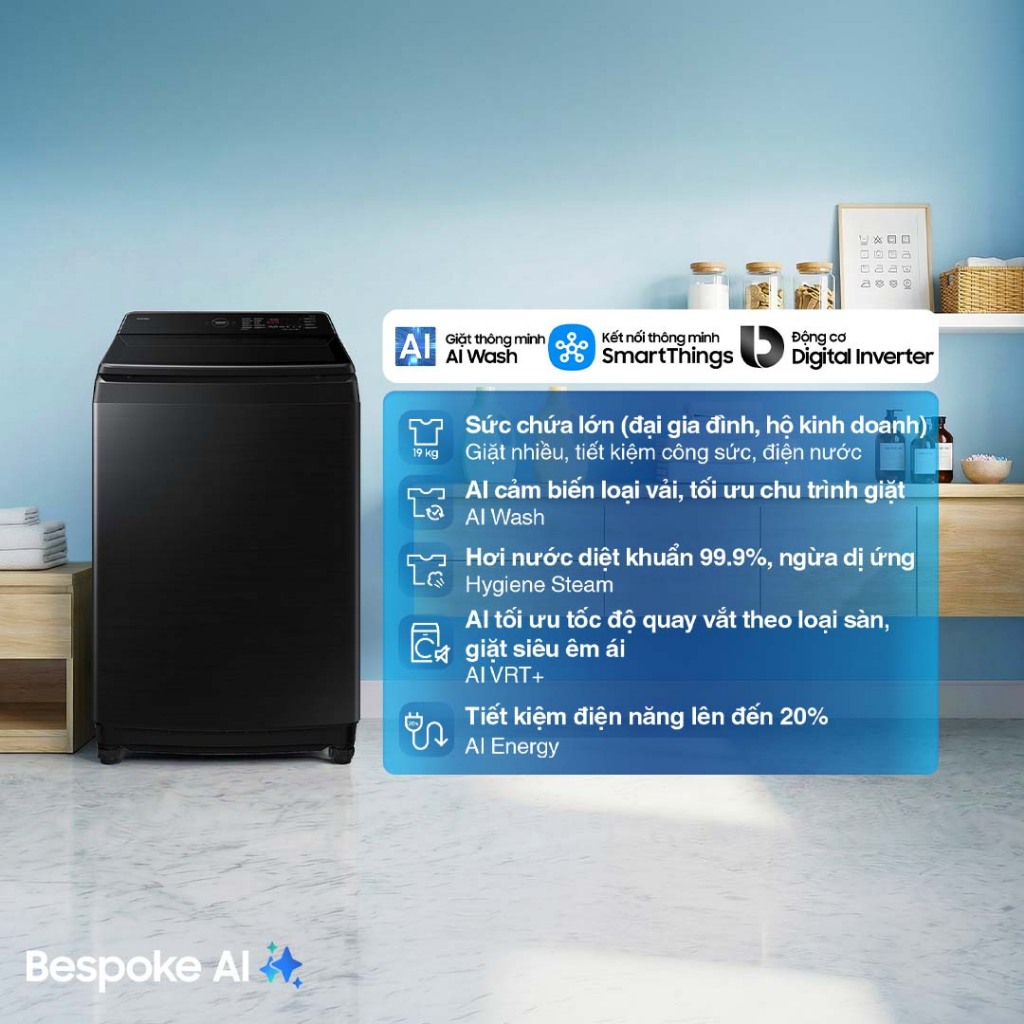 Máy Giặt Samsung Bespoke AI Cửa Trên 19 kg WA80F19B9BSV - AI Wash cảm biến bảo vệ vải, màu Đen