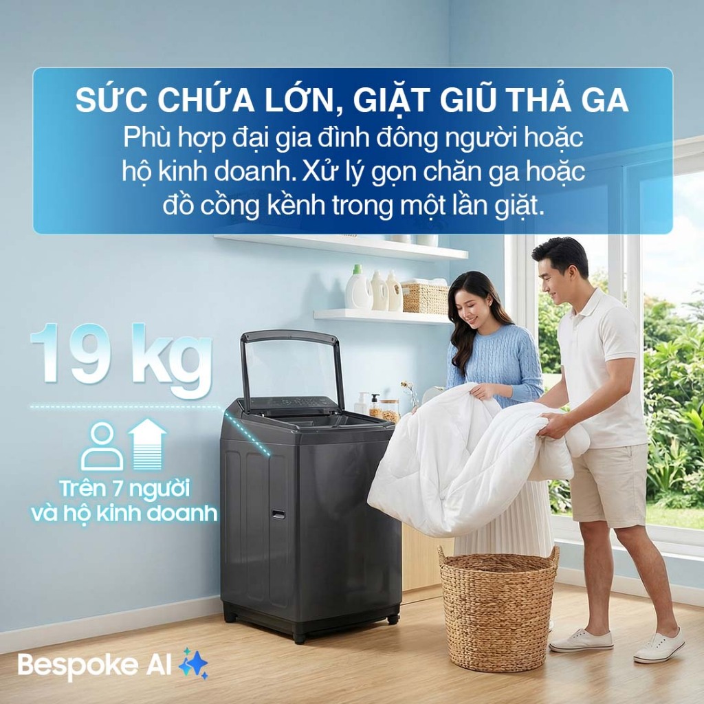 Máy Giặt Samsung Bespoke AI Cửa Trên 19 kg WA80F19B9BSV - AI Wash cảm biến bảo vệ vải, màu Đen
