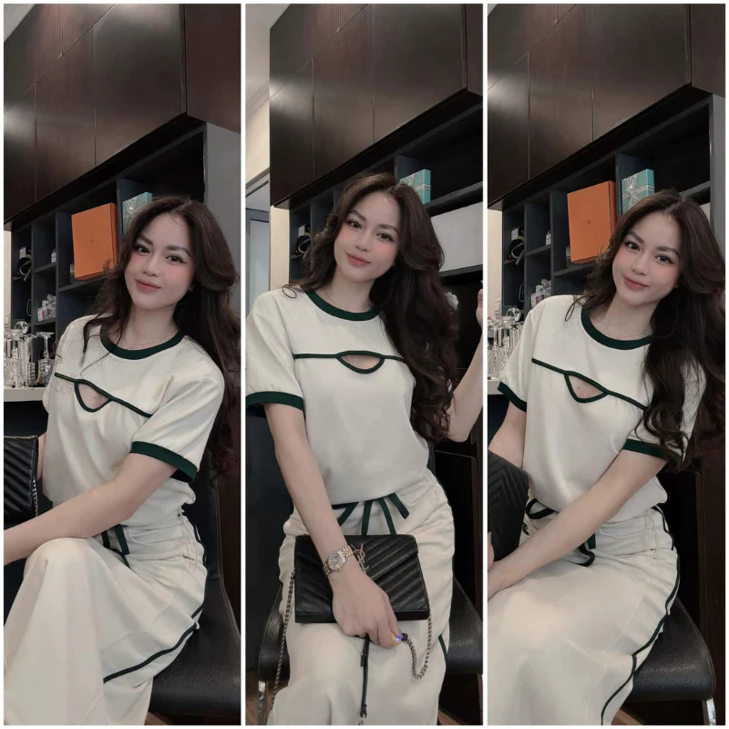 Set bộ đồ nữ thể thao áo thun cut-out kèm chân váy dài xẻ tà chất thun lụa co giãn mặc đi chơi HCOM25580