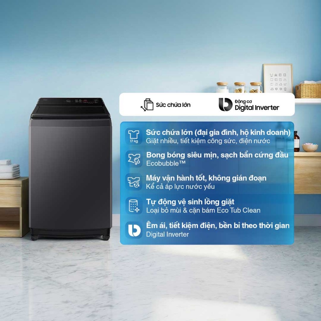 Máy Giặt Samsung Cửa Trên WA40F17E7CSV 17kg - Động cơ Digital Inverter, màu Đen