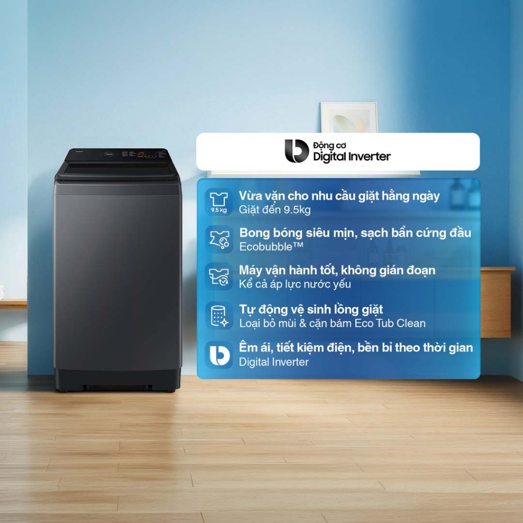 Máy Giặt Samsung Cửa TrênWA40F95E1CSV 9.5kg - Động cơ Digital Inverter, màu Đen