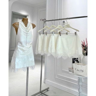 SEP House - Set lụa đổ cổ yếm chiết eo tà vạt xéo phối chân váy A ngắn trẻ trung, sành điệu - Ảnh thật