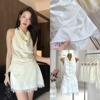 SEP House - Set lụa đổ cổ yếm chiết eo tà vạt xéo phối chân váy A ngắn trẻ trung, sành điệu - Ảnh thật