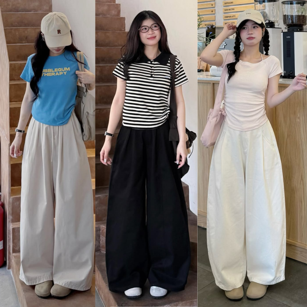 Quần kaki XẾP LY ống rộng MIAA nam nữ lưng cao Nửa Cạp chun phong cách Hàn Quốc trẻ trung