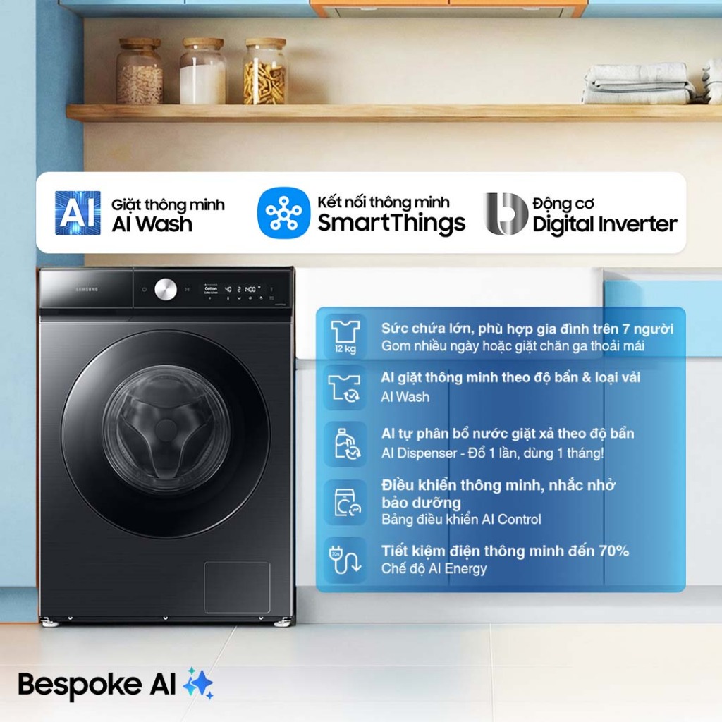 Máy Giặt Samsung Bespoke AI Cửa Trước 12 kg WW12CB944DGBSV - AI Wash tự phân bổ nước giặt theo độ bẩn, màu Đen