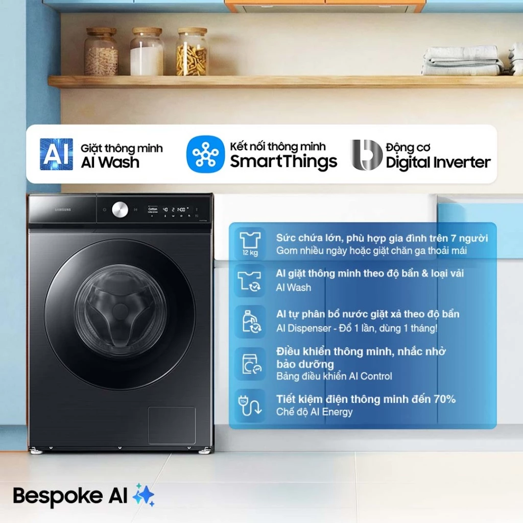 Máy Giặt Samsung Bespoke AI Cửa Trước 12 kg WW12CB944DGBSV - AI Wash tự phân bổ nước giặt theo độ bẩn, màu Đen