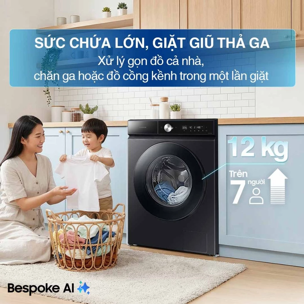 Máy Giặt Samsung Bespoke AI Cửa Trước 12 kg WW12CB944DGBSV - AI Wash tự phân bổ nước giặt theo độ bẩn, màu Đen