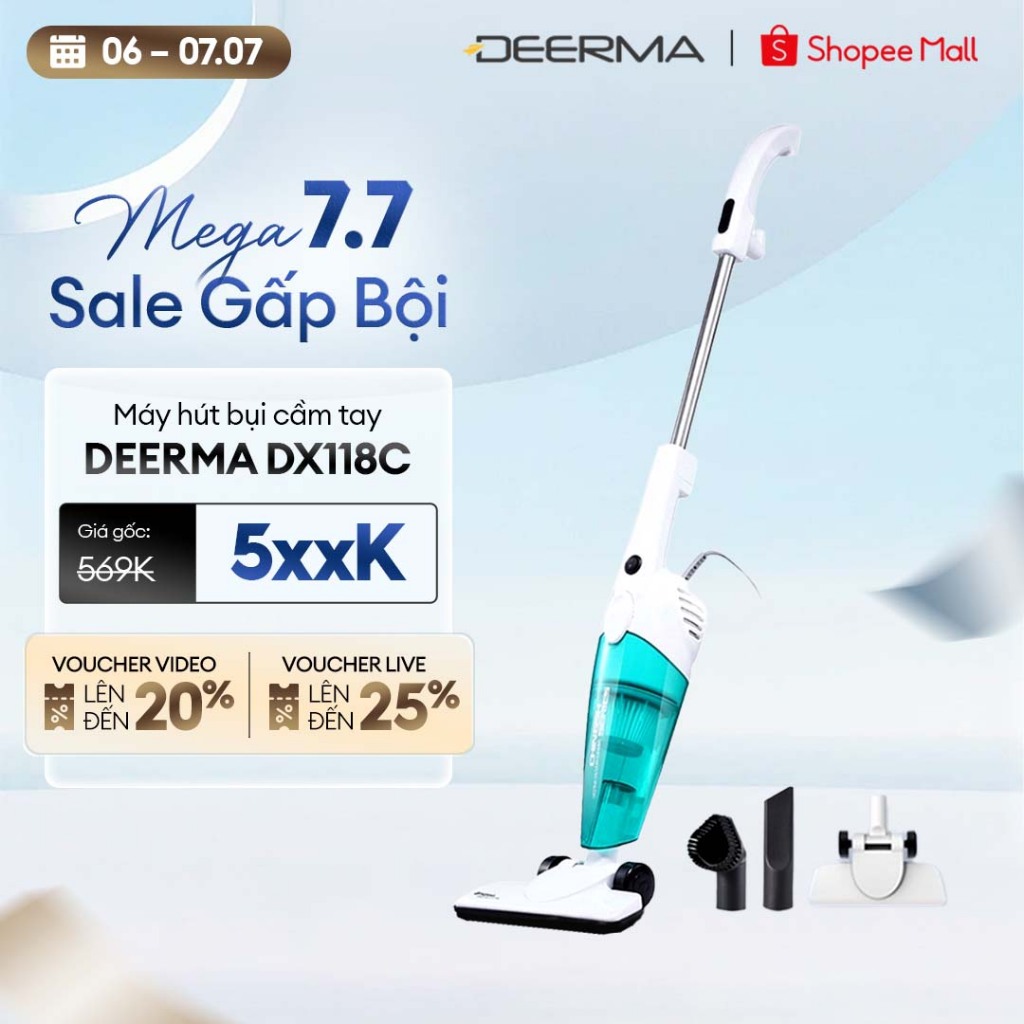 Máy hút bụi cầm tay Deerma DX118C lực hút 15000pa, công suất 600W với bộ lọc bụi mịn HEPA - Bảo hành 12 tháng