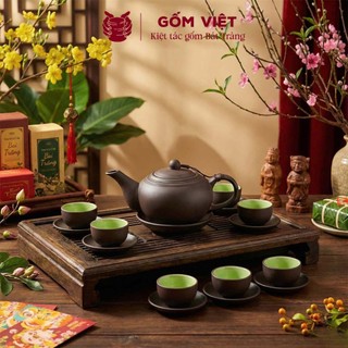 Bộ ấm chén tử sa đất nung dáng bưởi đắp nổi, vẽ vàng màu đen, đỏ dung tích 400ml - Gốm sứ Bát Tràng - Gốm Việt