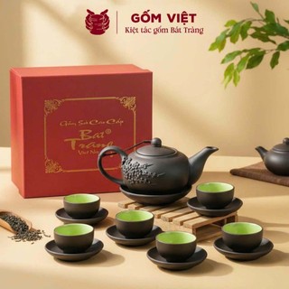 Bộ ấm chén tử sa đất nung dáng bưởi đắp nổi, vẽ vàng màu đen, đỏ dung tích 400ml - Gốm sứ Bát Tràng - Gốm Việt