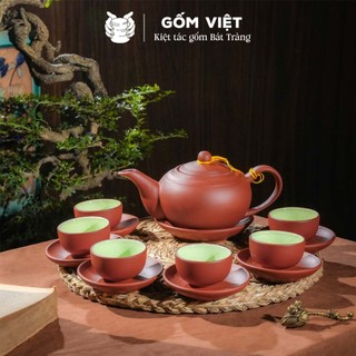 Bộ ấm chén tử sa đất nung dáng bưởi đắp nổi, vẽ vàng màu đen, đỏ dung tích 400ml - Gốm sứ Bát Tràng - Gốm Việt