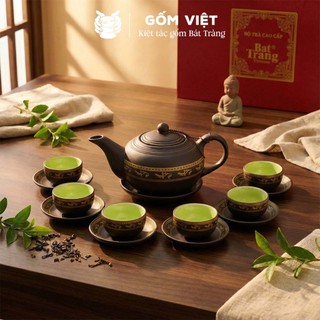 Bộ ấm chén tử sa đất nung dáng bưởi đắp nổi, vẽ vàng màu đen, đỏ dung tích 400ml - Gốm sứ Bát Tràng - Gốm Việt