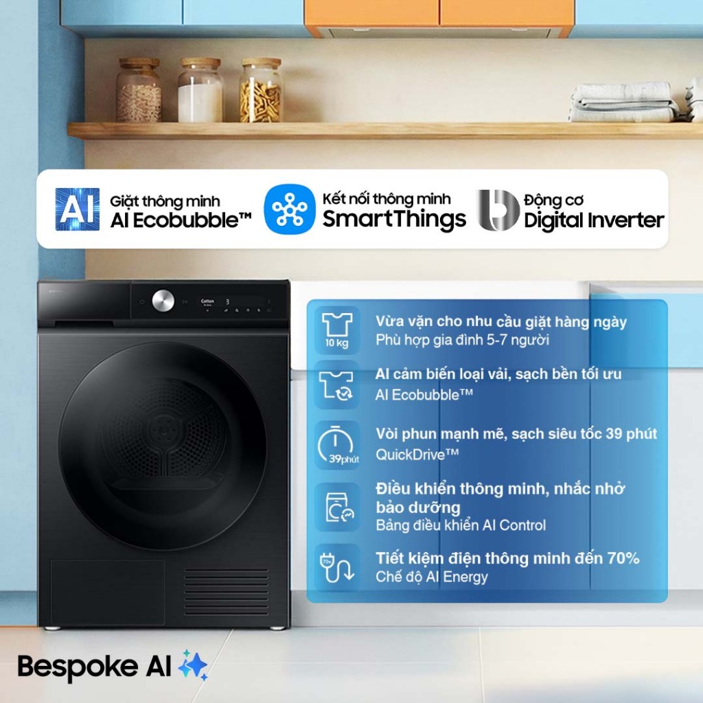 Máy giặt Samsung 10kg WW10DB7U34GBSV Bespoke AI™ - Giặt hơi nước Hygiene Steam, Màu Đen
