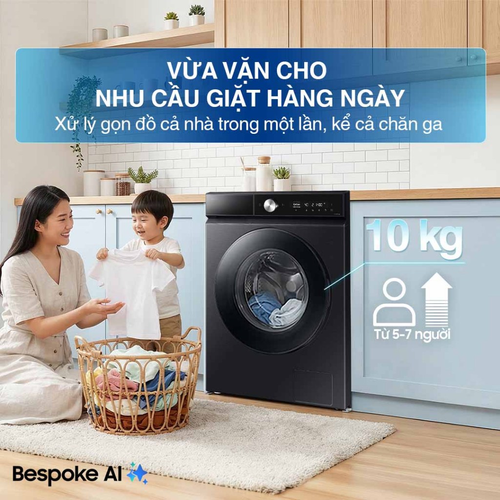 Máy giặt Samsung 10kg WW10DB7U34GBSV Bespoke AI™ - Giặt hơi nước Hygiene Steam, Màu Đen